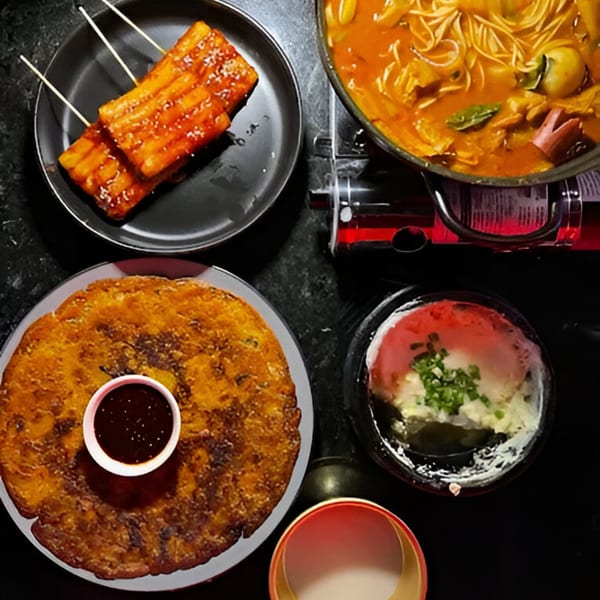 Overhead view of various Korean dishes including tteokbokki skewers, a pancake, and a hot pot.