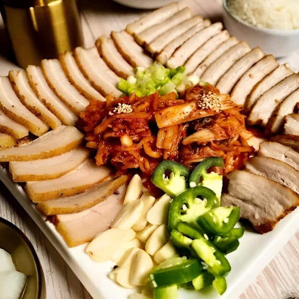 A Korean bossam platter with sliced pork belly, kimchi, garlic, and jalapeños.