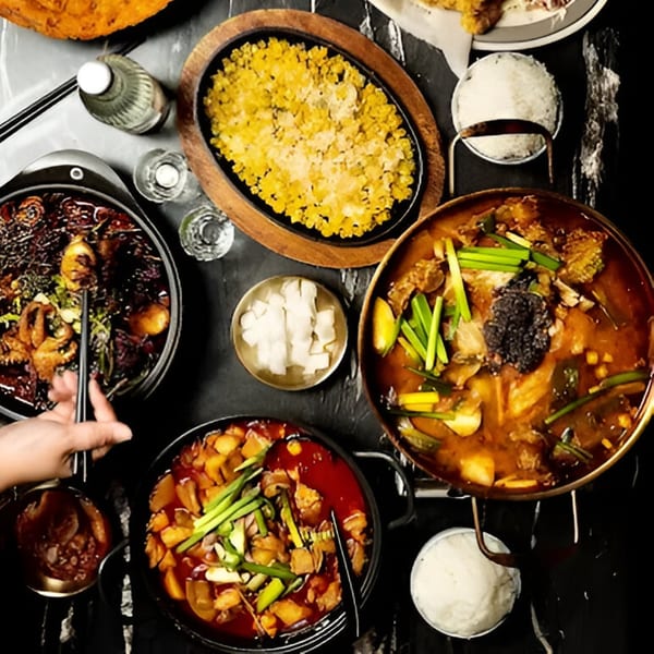 Overhead view of various Korean dishes, including stews, rice, and banchan, on a dark table.